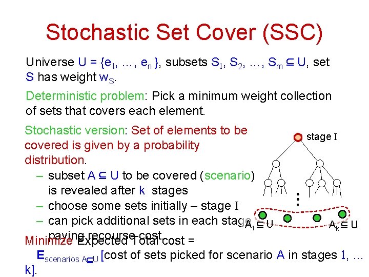 Stochastic Set Cover (SSC) Universe U = {e 1, …, en }, subsets S