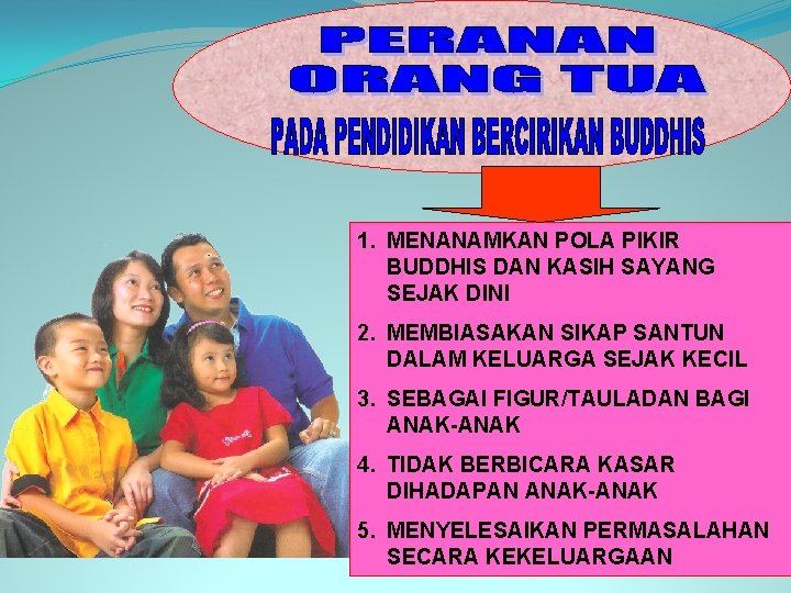 1. MENANAMKAN POLA PIKIR BUDDHIS DAN KASIH SAYANG SEJAK DINI 2. MEMBIASAKAN SIKAP SANTUN