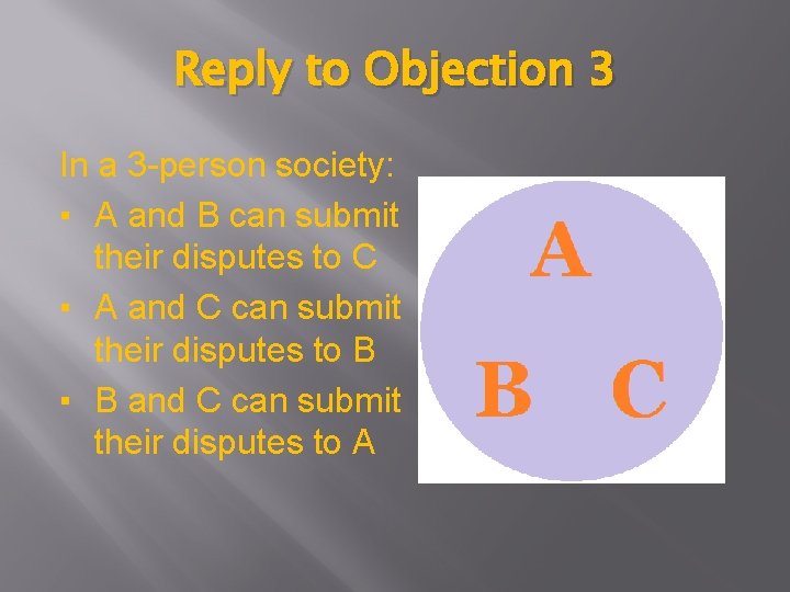 Reply to Objection 3 In a 3 -person society: ▪ A and B can
