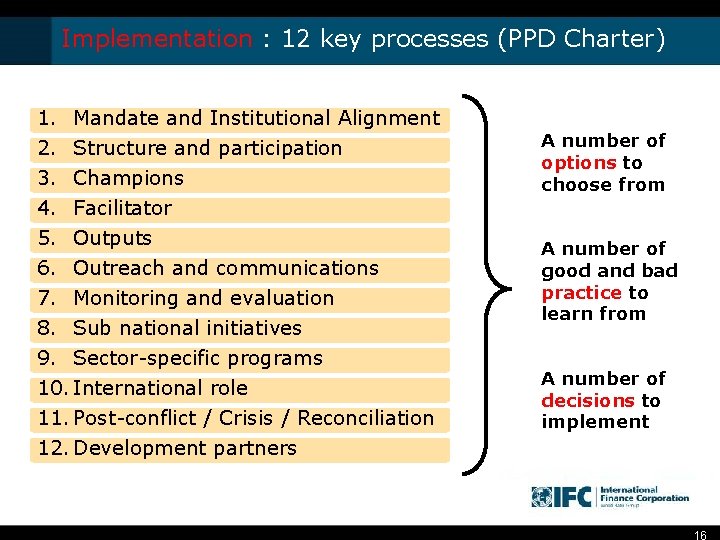 Implementation : 12 key processes (PPD Charter) 1. Mandate and Institutional Alignment 2. Structure