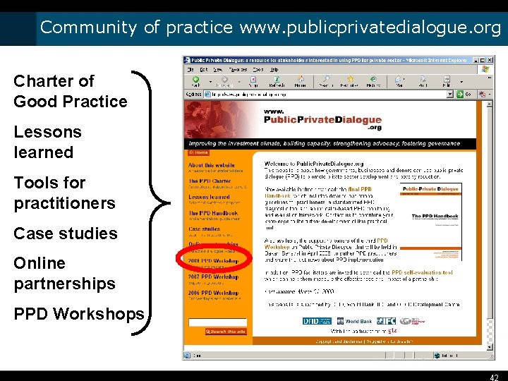 Community of practice www. publicprivatedialogue. org Charter of Good Practice Lessons learned Tools for