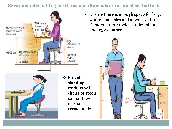Recommended sitting positions and dimensions for most seated tasks v Ensure there is enough