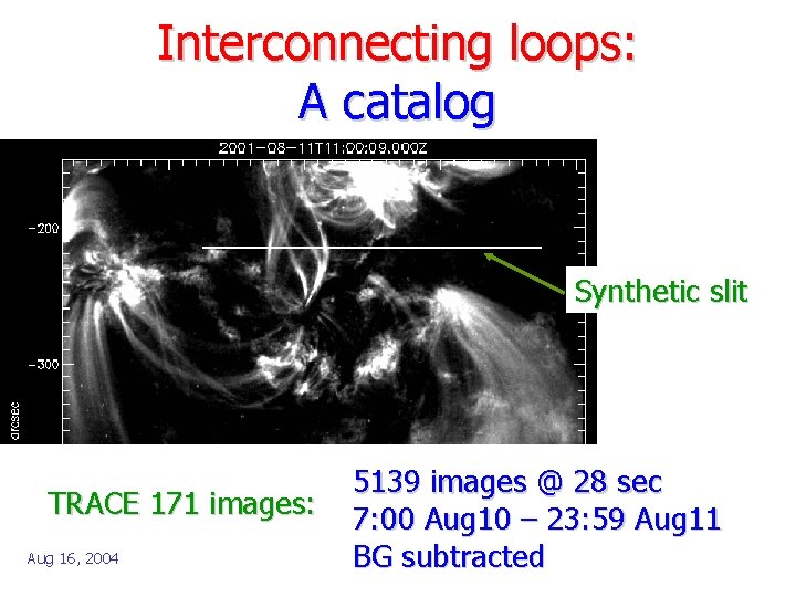 Interconnecting loops: A catalog Synthetic slit TRACE 171 images: Aug 16, 2004 5139 images