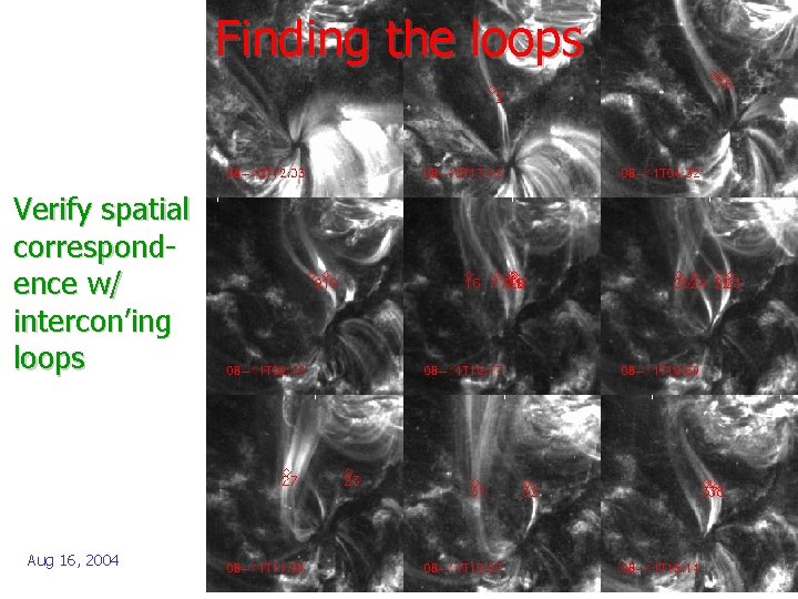 Finding the loops Verify spatial correspondence w/ intercon’ing loops Aug 16, 2004 
