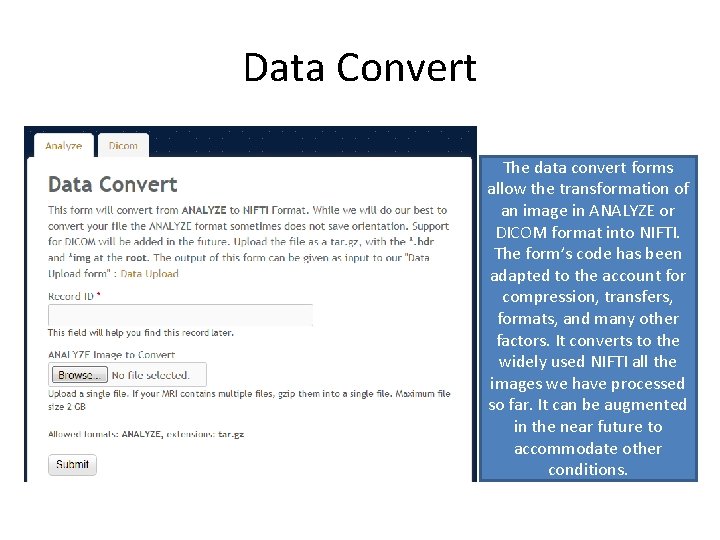 Data Convert The data convert forms allow the transformation of an image in ANALYZE