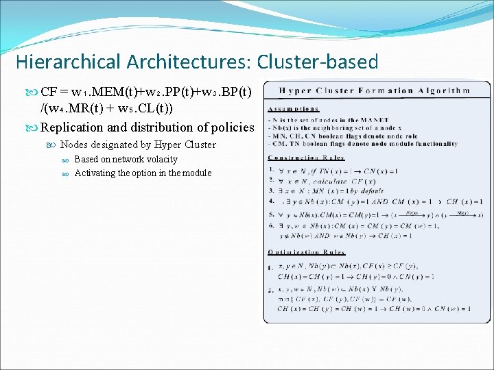 Hierarchical Architectures: Cluster-based CF = w₁. MEM(t)+w₂. PP(t)+w₃. BP(t) /(w₄. MR(t) + w₅. CL(t))