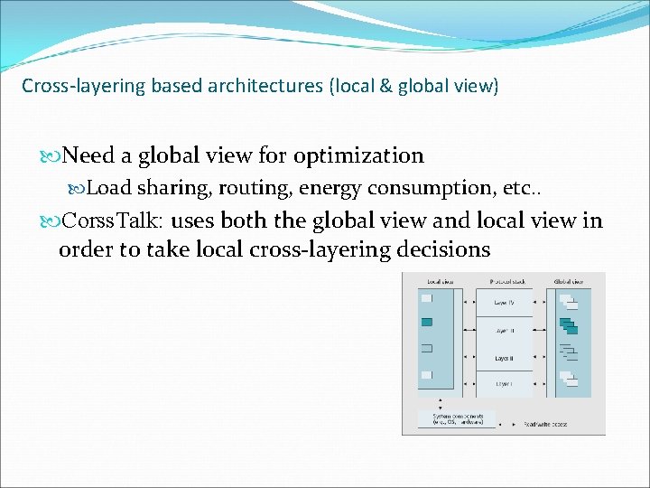 Cross-layering based architectures (local & global view) Need a global view for optimization Load