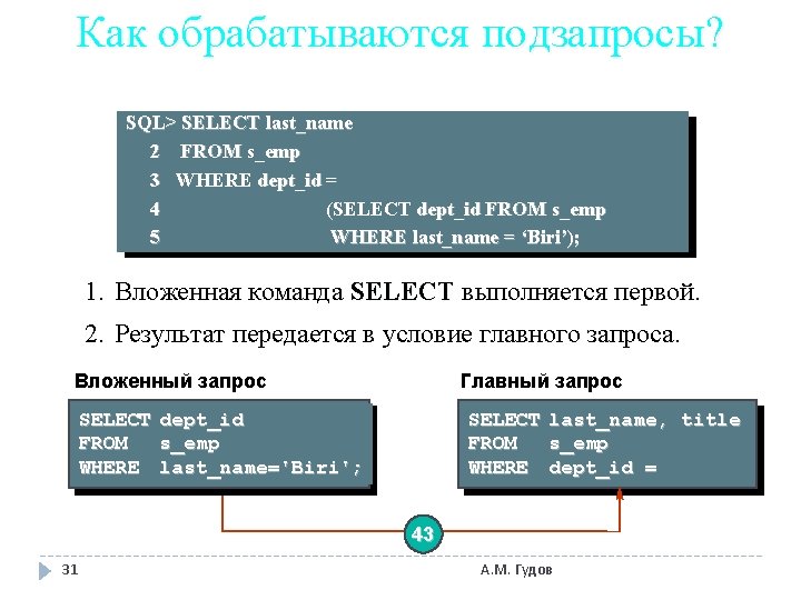 Как обрабатываются подзапросы? SQL> SELECT last_name 2 FROM s_emp 3 WHERE dept_id = 4