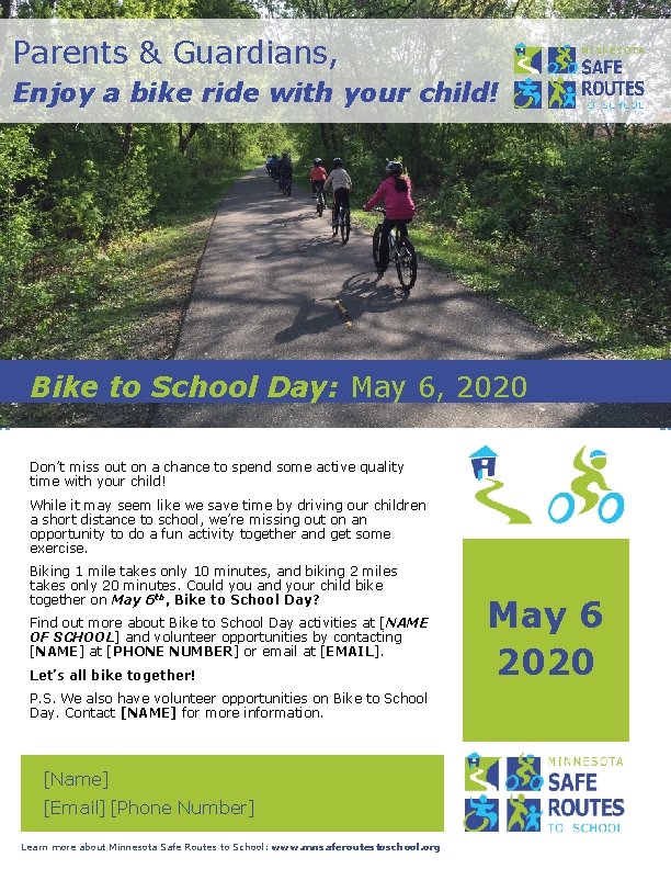 Parents & Guardians, Enjoy a bike ride with your child! Bike to School Day:
