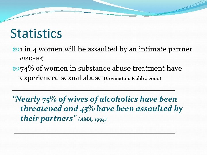 Statistics 1 in 4 women will be assaulted by an intimate partner (US DHHS)