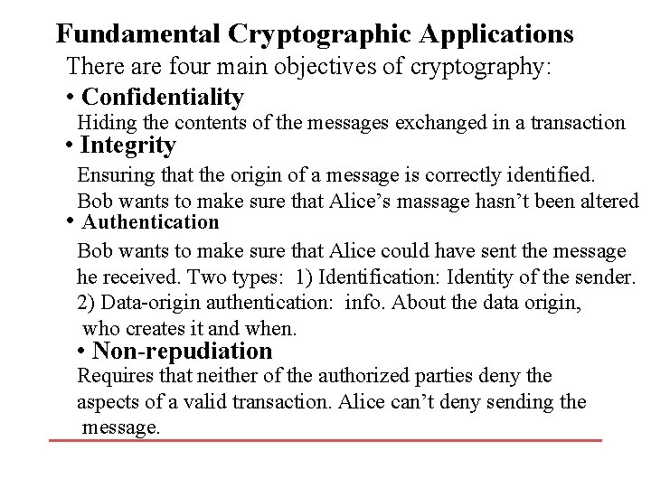 Fundamental Cryptographic Applications There are four main objectives of cryptography: • Confidentiality Hiding the