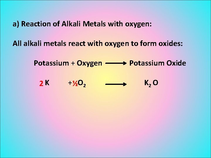a) Reaction of Alkali Metals with oxygen: All alkali metals react with oxygen to