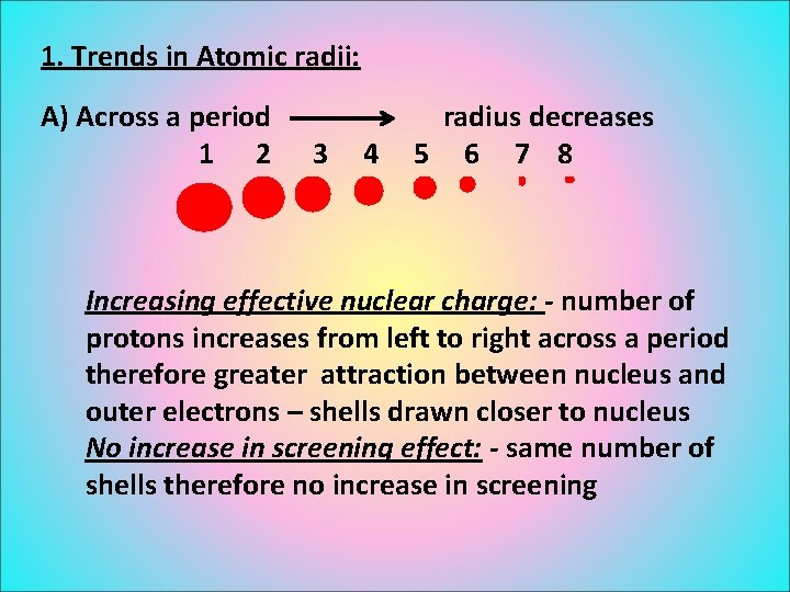 1. Trends in Atomic radii: A) Across a period 1 2 3 4 radius