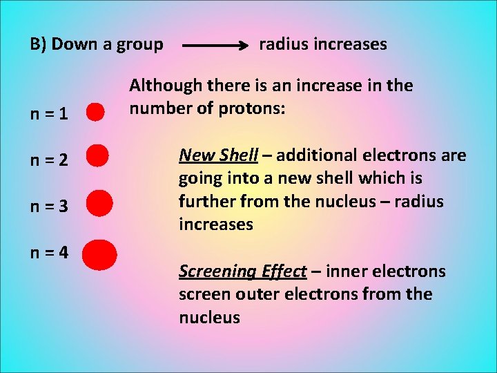 B) Down a group n=1 n=2 n=3 n=4 radius increases Although there is an