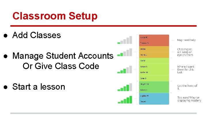 Classroom Setup ● Add Classes ● Manage Student Accounts Or Give Class Code ●
