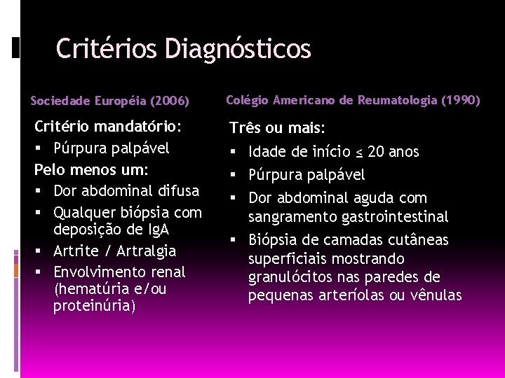 Critérios Diagnósticos Sociedade Européia (2006) Colégio Americano de Reumatologia (1990) Critério mandatório: Púrpura palpável