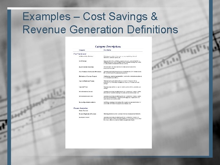 Examples – Cost Savings & Revenue Generation Definitions 