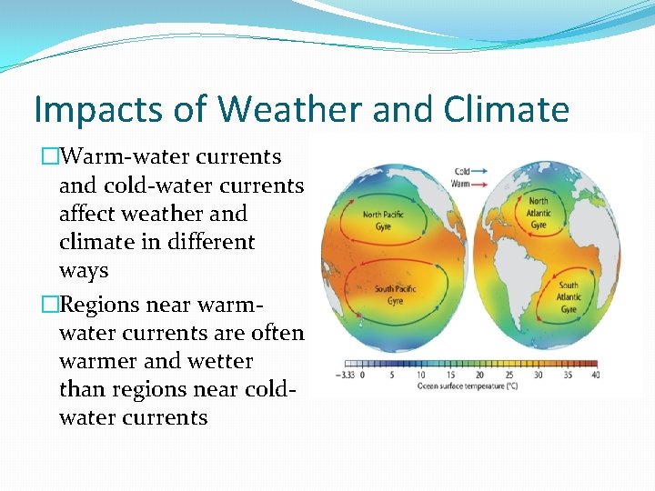 Impacts of Weather and Climate �Warm-water currents and cold-water currents affect weather and climate