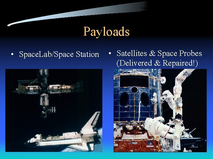 Payloads • Space. Lab/Space Station • Satellites & Space Probes (Delivered & Repaired!) 