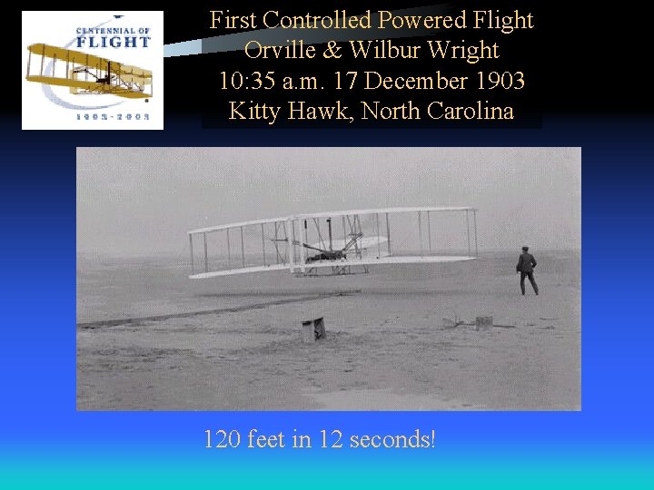 First Controlled Powered Flight Orville & Wilbur Wright 10: 35 a. m. 17 December