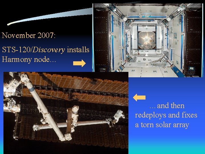 November 2007: STS-120/Discovery installs Harmony node… …and then redeploys and fixes a torn solar