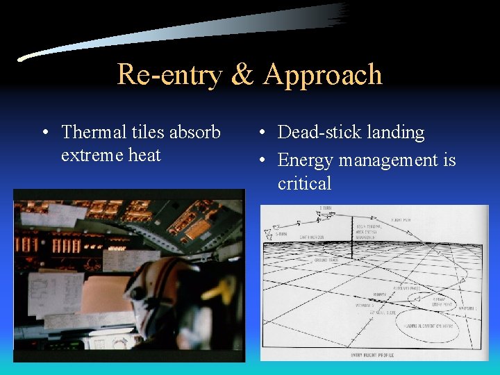 Re-entry & Approach • Thermal tiles absorb extreme heat • Dead-stick landing • Energy