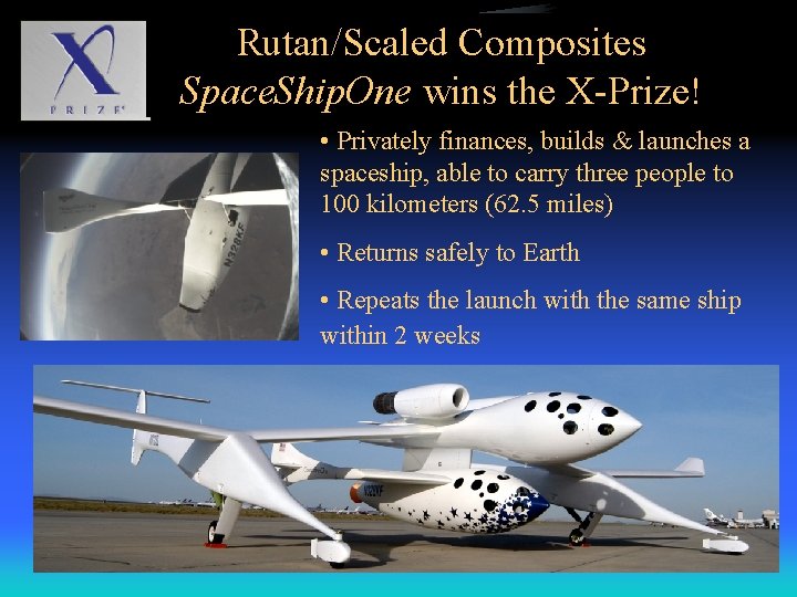 Rutan/Scaled Composites Space. Ship. One wins the X-Prize! • Privately finances, builds & launches