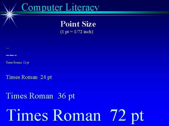 Computer Literacy Point Size (1 pt = 1/72 inch) Times Roman 2 pt Times