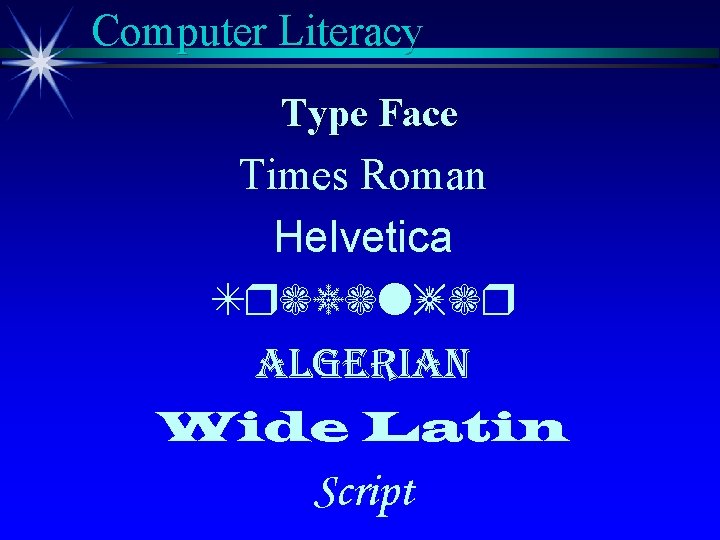 Computer Literacy Type Face Times Roman Helvetica Trafalgar algerian Wide Latin Script 
