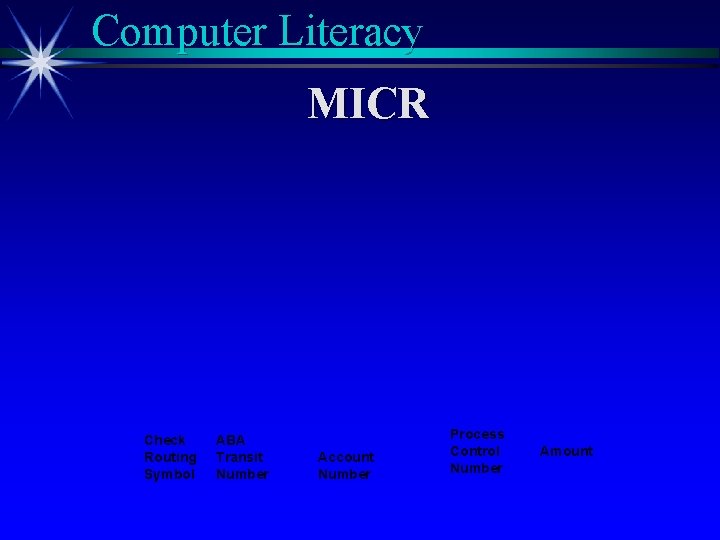 Computer Literacy MICR Check Routing Symbol ABA Transit Number Account Number Process Control Number