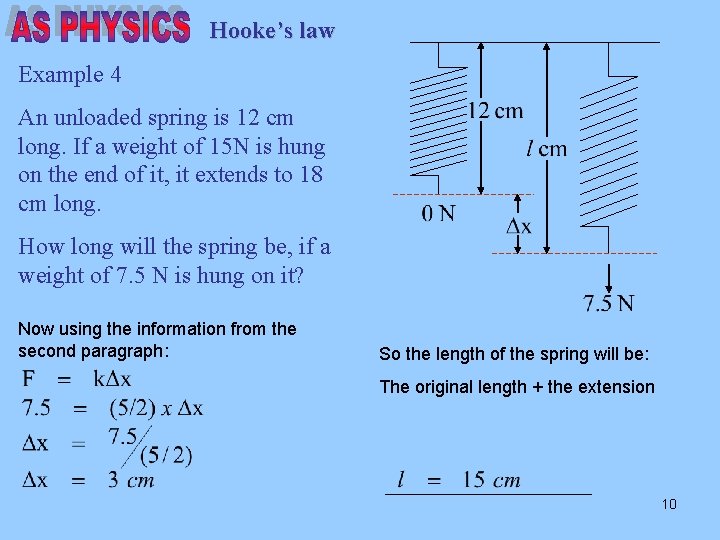 Hooke’s law Example 4 An unloaded spring is 12 cm long. If a weight
