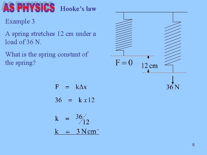 Hooke’s law Example 3 A spring stretches 12 cm under a load of 36
