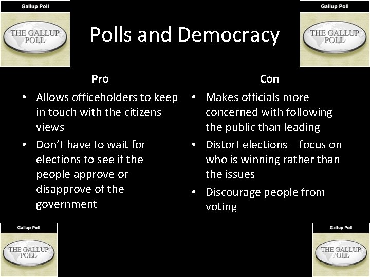 Polls and Democracy Pro Con • Allows officeholders to keep in touch with the