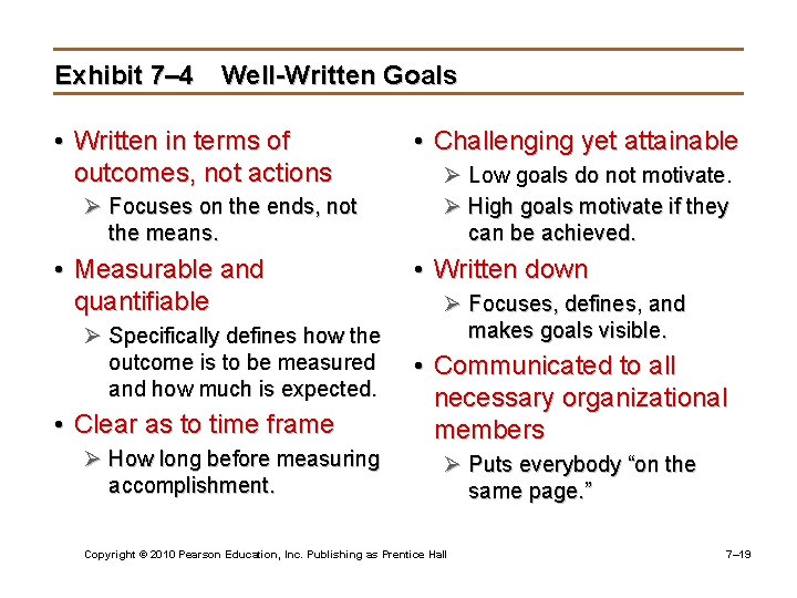 Exhibit 7– 4 Well-Written Goals • Written in terms of outcomes, not actions Ø