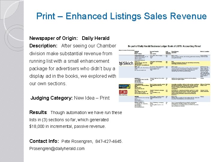 Print – Enhanced Listings Sales Revenue Newspaper of Origin: Daily Herald Description: After seeing