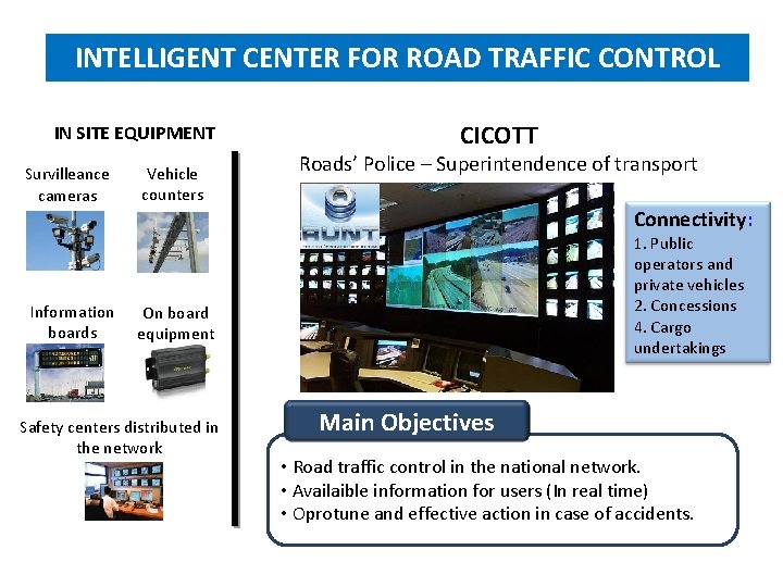 INTELLIGENT CENTER FOR ROAD TRAFFIC CONTROL IN SITE EQUIPMENT Survilleance cameras Vehicle counters CICOTT