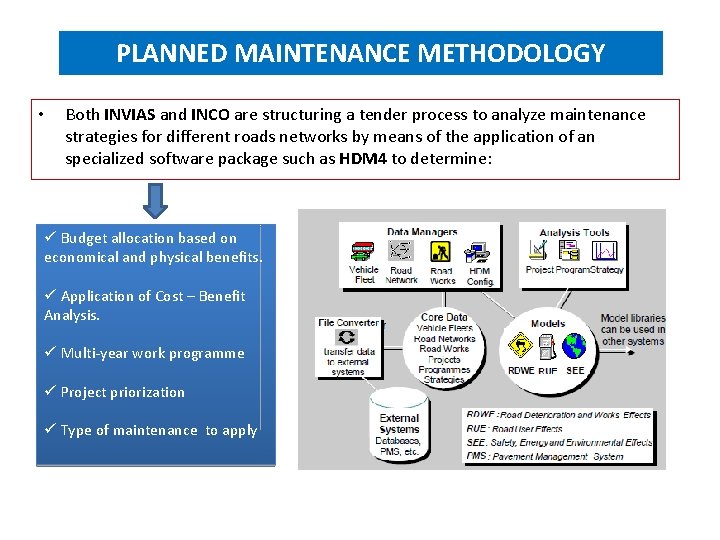 PLANNED MAINTENANCE METHODOLOGY • Both INVIAS and INCO are structuring a tender process to