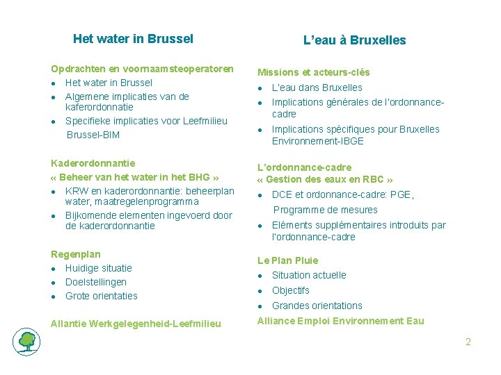 Het water in Brussel L’eau à Bruxelles Opdrachten en voornaamsteoperatoren ● Het water in