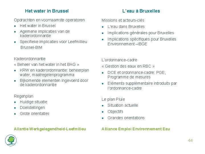  Het water in Brussel L’eau à Bruxelles Opdrachten en voornaamste operatoren ● Het