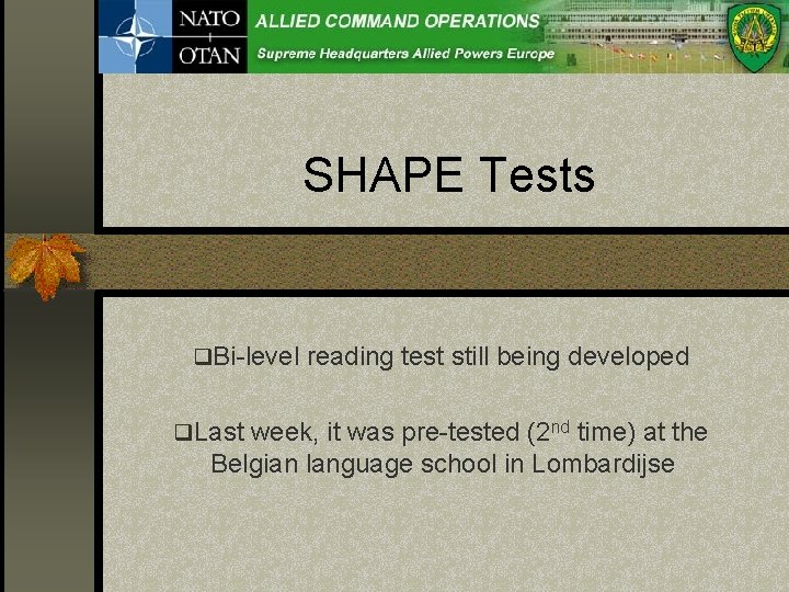 SHAPE Tests q. Bi-level reading test still being developed q. Last week, it was