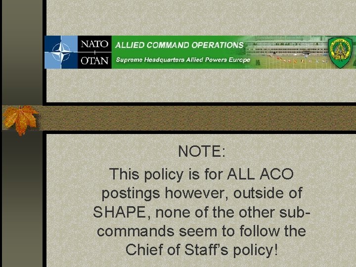 NOTE: This policy is for ALL ACO postings however, outside of SHAPE, none of