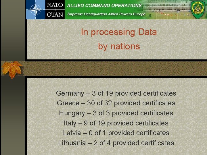 In processing Data by nations Germany – 3 of 19 provided certificates Greece –