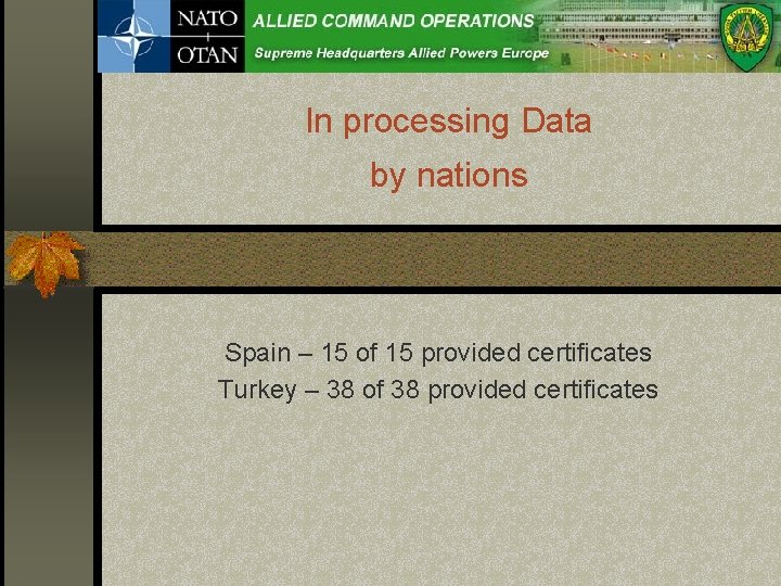 In processing Data by nations Spain – 15 of 15 provided certificates Turkey –