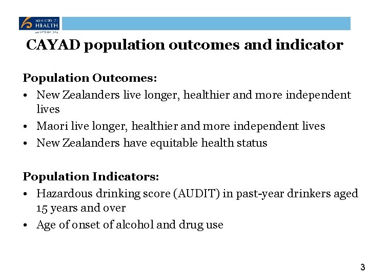 CAYAD population outcomes and indicator Population Outcomes: • New Zealanders live longer, healthier and