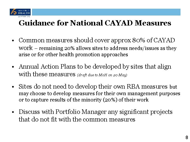 Guidance for National CAYAD Measures • Common measures should cover approx 80% of CAYAD