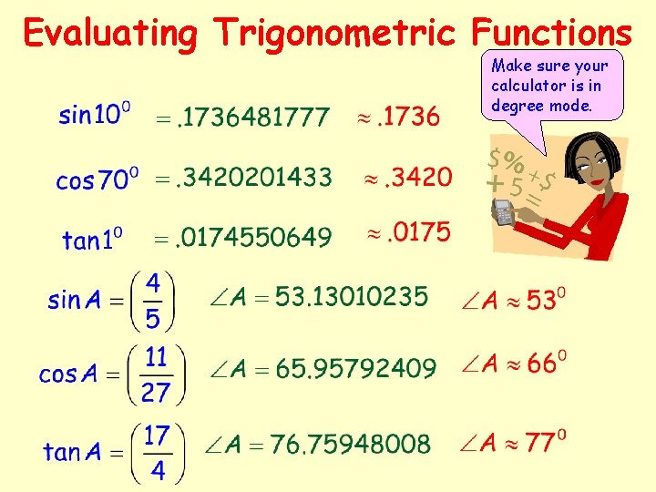 Evaluating Trigonometric Functions Make sure your calculator is in degree mode. 