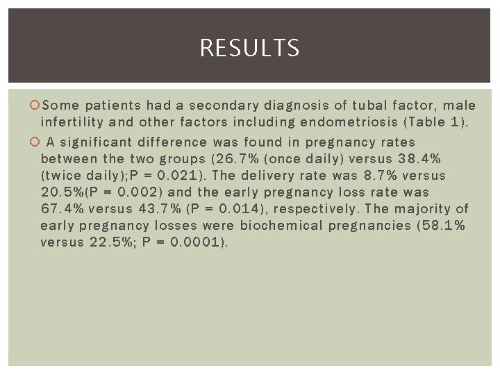 RESULTS Some patients had a secondary diagnosis of tubal factor, male infertility and other