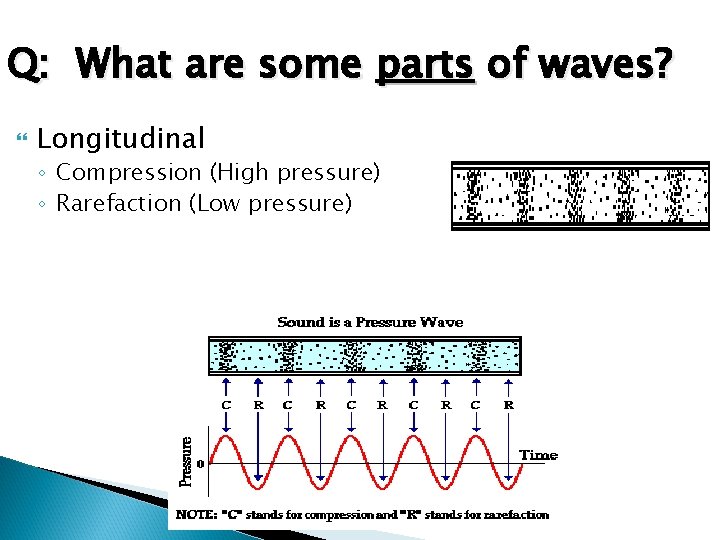 Q: What are some parts of waves? Longitudinal ◦ Compression (High pressure) ◦ Rarefaction