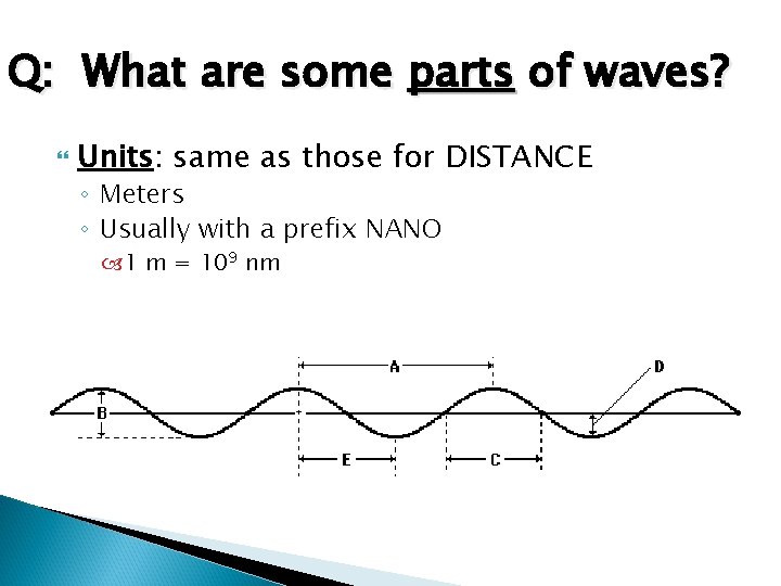 Q: What are some parts of waves? Units: same as those for DISTANCE ◦