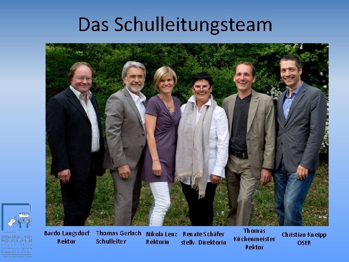 Das Schulleitungsteam Bardo Langsdorf Rektor Thomas Gerlach Nikola Lenz Renate Schäfer Schulleiter Rektorin stellv.